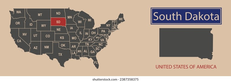 Vector map borders of the USA South Dakota state. State of South Dakota on the map of the United States of America.