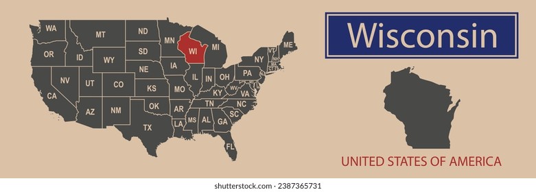 Vector map borders of the USA Wisconsin state. State of Wisconsin on the map of the United States of America.