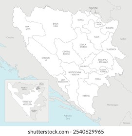 Vector map of Bosnia and Herzegovina with entities, cantons, regions and administrative divisions, and neighbouring countries and territories. Editable and clearly labeled layers.