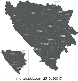 Mapa de Vector de Bosnia y Herzegovina con entidades, cantones, regiones y divisiones administrativas. Capas editables y claramente etiquetadas.