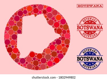 Vector map of Botswana collage of circle dots and red grunge stamp. Hole circle map of Botswana collage created with circles in various sizes, and red color tinges.
