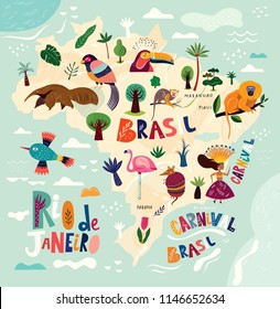 Vector map of Brazil. Brazilian symbols and icons.