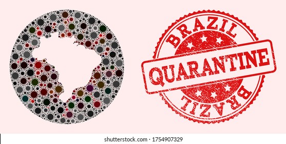 Vector map of Brazil collage of SARS virus and red grunge quarantine stamp. Infection cells attack the lockdown territory from out space.