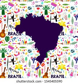 Vector map of Brazil hand-drawn illustration. Carnival attributes, tropical leaves, musical instruments and abstract doodle elements. Template for travel cards, routes, textiles, flyers, posters