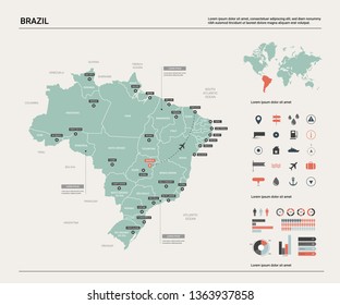 Vector map of Brazil.  High detailed country map with division, cities and capital Brasilia. Political map,  world map, infographic elements.  