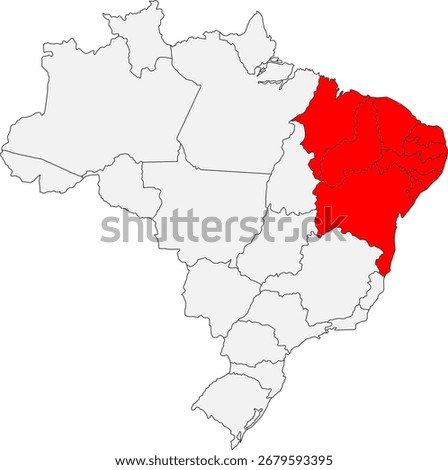 A vector map of Brazil highlighting the Northeast Region (Região Nordeste), an administrative division that includes the states of Maranhão, Piauí, Ceará, Rio Grande do Norte