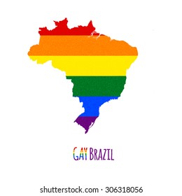 Vector map of Brazil in LGBT (lesbian, gay, bisexual, and transgender) flag colors and GAY Brazil caption on white background. Rainbow flag with denim textile texture.