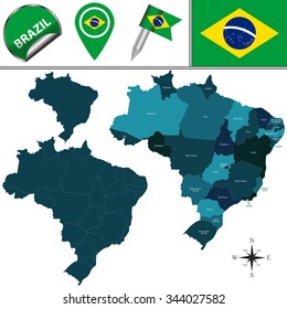 Vector map of Brazil with named divisions and travel icons