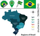 Vector map of Brazil with named regions and travel icons