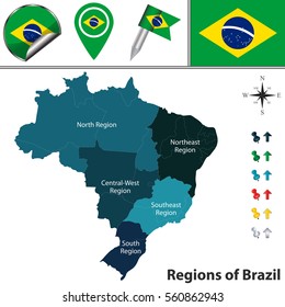 Vector map of Brazil with named regions and travel icons