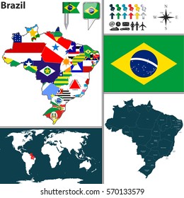 Vector map of Brazil with provinces and flags