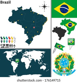 Vector map of Brazil with regions, coat of arms and location on world map