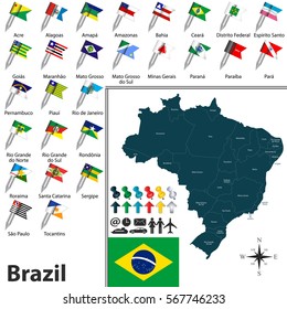 Vector map of Brazil with regions and flags of states