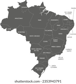 Vector map of Brazil with regions or states and administrative divisions. Editable and clearly labeled layers.