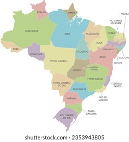 Vector map of Brazil with regions or states and administrative divisions. Editable and clearly labeled layers.