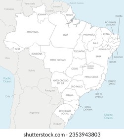 Vector map of Brazil with states and administrative divisions, and neighbouring countries and territories. Editable and clearly labeled layers.