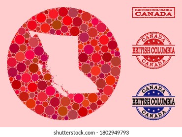 Vector map of British Columbia Province collage of round elements and red rubber stamp. Hole round map of British Columbia Province collage designed with circles in different sizes,