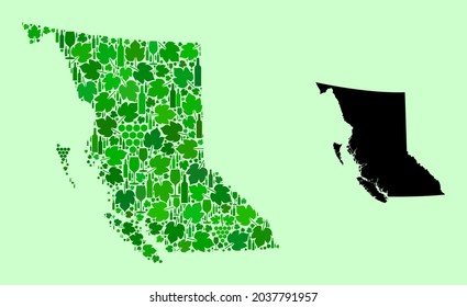 Vektorkarte der Provinz British Columbia. Collage von grünen Weintrauben, Weinflaschen. Karte des Mosaiks der Provinz British Columbia, das aus Flaschen, Weintrauben und grünen Blättern besteht.