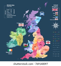 vector map of British Isles administrative divisions colored by countries and regions. Districts and counties maps and flags of United Kingdom,Northern Ireland, Wales, Scotland and Republic of Ireland svg