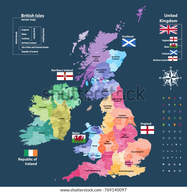 国や地域によって色分けされた 英領アイルスの行政区画のベクター画像地図 英国 北アイルランド ウェールズ スコットランド アイルランド共和国の地図と国旗 のベクター画像素材 ロイヤリティフリー