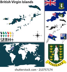 Vector map of British Virgin Islands with regions, coat of arms and location on world map