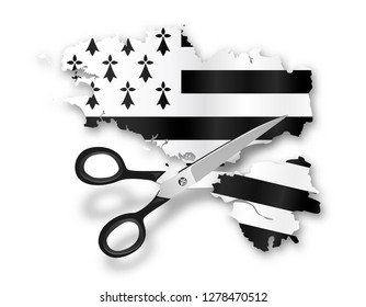 Vector map of Brittany, France with scissors that cuts region of Nantes