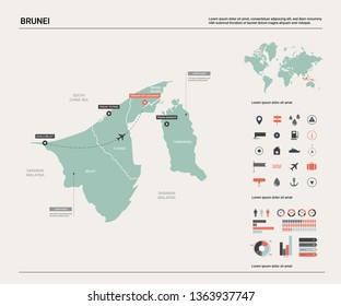 Vector map of Brunei.  High detailed country map with division, cities and capital Bandar Seri Begawan. Political map,  world map, infographic elements.  