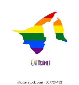 Vector map of Brunei in LGBT (lesbian, gay, bisexual, and transgender) flag colors and GAY Brunei caption on white background. Rainbow flag with denim textile texture.