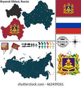 Vector map of Bryansk Oblast with coat of arms and location on Russian map