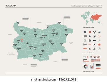Vector map of Bulgaria .  High detailed country map with division, cities and capital Sofia. Political map,  world map, infographic elements.  