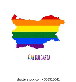 Vector map of Bulgaria in LGBT (lesbian, gay, bisexual, and transgender) flag colors and GAY Bulgaria caption on white background. Rainbow flag with denim textile texture.