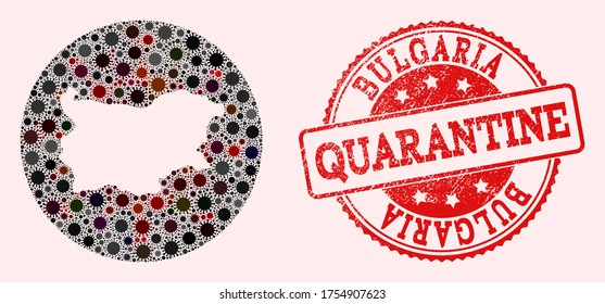 Vector map of Bulgaria mosaic of coronavirus and red grunge quarantine stamp. Infection cells attack the quarantine territory from external zone.