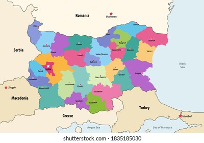 Mapa vectorial de las provincias de Bulgaria, con los países y territorios vecinos
