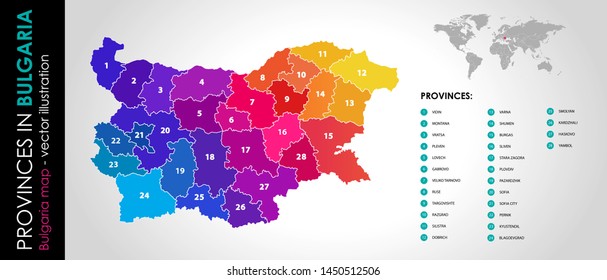 Vector map of Bulgaria regions beautiful colours