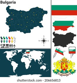 Vector map of Bulgaria with regions, coat of arms and location on world map