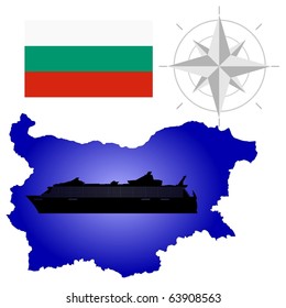 vector map of Bulgaria with a silhouette of the ship and the flag