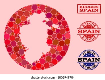 Mapa vectorial de la provincia de Burgos colage de puntos circulares y sello de la marca de agua roja. Mapa del círculo de tallos de la provincia de Burgos formado con círculos de varios tamaños y tintes de color rojo.