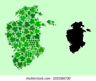 Vector Map of Burgos Province. Composition of green grape leaves, wine bottles. Map of Burgos Province collage designed with bottles, berries, green leaves.