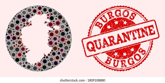 Vector map of Burgos Province mosaic of flu virus and red grunge quarantine seal stamp. Infection cells attack the quarantine territory from outside.
