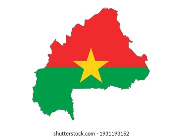 Vector map of Burkina Faso filled with the flag of the country, isolated on white background. Vector illustration suitable for digital editing and prints of all sizes.