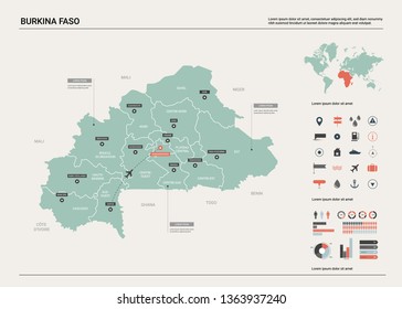Vector map of Burkina Faso.  High detailed country map with division, cities and capital Ouagadougou. Political map,  world map, infographic elements.  