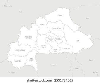 Vector map of Burkina Faso with regions and administrative divisions, and neighbouring countries and territories. Editable and clearly labeled layers.