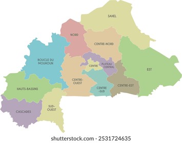 Vector map of Burkina Faso with regions or territories and administrative divisions. Editable and clearly labeled layers.