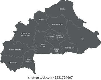 Vector map of Burkina Faso with regions or territories and administrative divisions. Editable and clearly labeled layers.