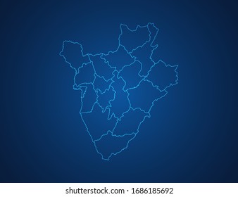Vector map of Burundi abstract blue line scales on dark background.
