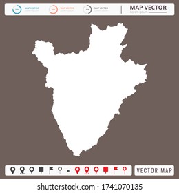 Vector map of Burundi Brown background and pins icon.