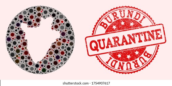 Vector map of Burundi collage of flu virus and red grunge quarantine seal. Infection cells around the lockdown territory from outside.