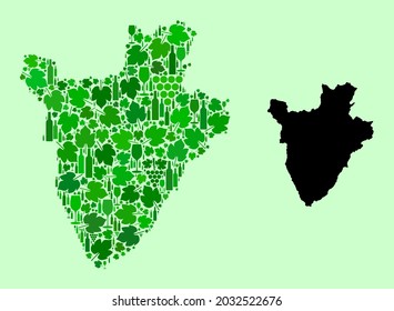 Vector Map of Burundi. Collage of green grape leaves, wine bottles. Map of Burundi collage formed with bottles, berries, green leaves. Abstract collage is designed for advertising collages.