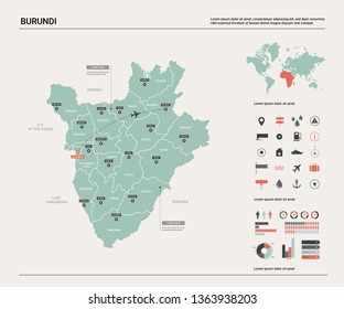 Vector map of Burundi.  High detailed country map with division, cities and capital Bujumbura. Political map,  world map, infographic elements.  
