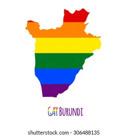 Vector map of Burundi in LGBT (lesbian, gay, bisexual, and transgender) flag colors and GAY Burundi caption on white background. Rainbow flag with denim textile texture.